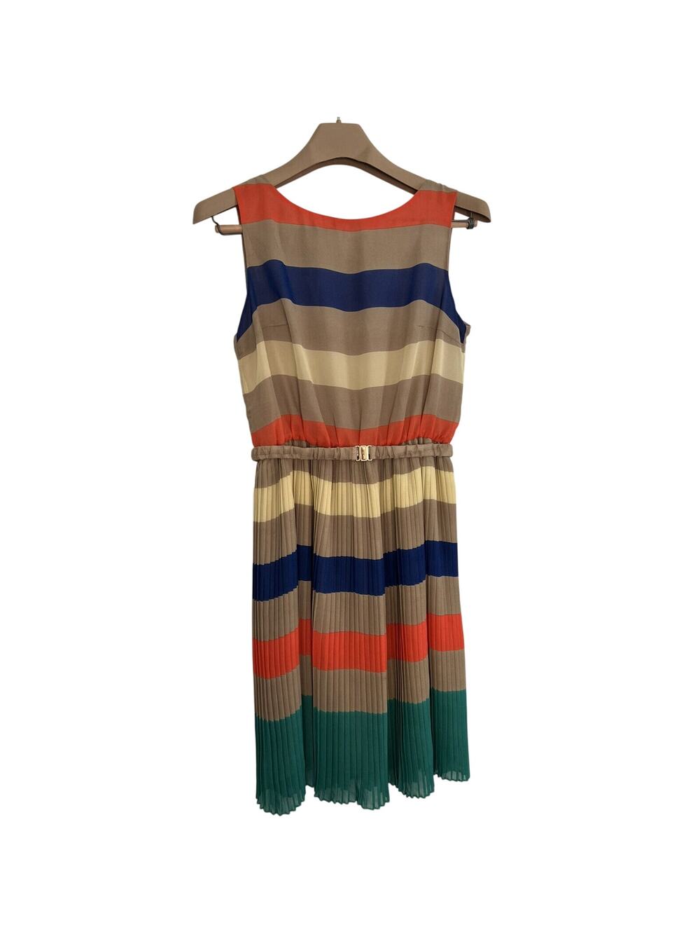 Freeway Dress Size Medium Tan Orange Yellow Blue Green Stripes Sleeveless Belt
